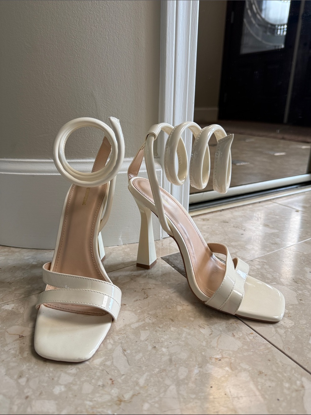 PrettyLittleThing Cream Patent Spiral Ankle Strap Heels